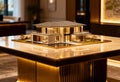 Modern architectural model of luxurious multi-story house with elegant lighting on marble table Royalty Free Stock Photo
