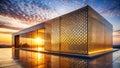 Modern architectural pavilion at sunset with perforated metal screen and reflective floor. Generative AI Royalty Free Stock Photo