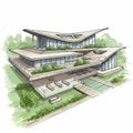 Modern architectural rendering of a multi-level building featuring angular, overlapping Royalty Free Stock Photo