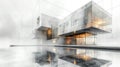 Modern Architectural Sketch of Abstract Asymmetric Building with Reflective Surface