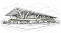 Modern architectural sketch of a bus terminal featuring a large, rectangular building Royalty Free Stock Photo