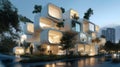A modern architectural structure composed of stacked, cube-like modules with rounded edges, creating a unique design