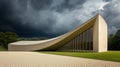 A modern architectural structure with an innovative curved roof design