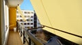 Modern architecture building facade with awnings.