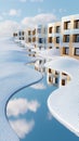 Modern architecture building reflected in snowy winter landscape with serene water surface Royalty Free Stock Photo