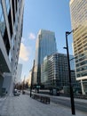 Modern architecture in Canary Wharf London England with amazing skyscrapers of financial leaders companies buildings Royalty Free Stock Photo