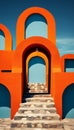 Modern Architecture cement building walls detail, painted orange against a blue sky with Arches shapes, Exterior abstract Royalty Free Stock Photo