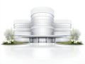 Modern architecture, a circular building entrance with lush trees and striking design Royalty Free Stock Photo