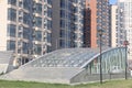 Modern architecture in the city of Moscow, Russia. View of a modern building. Entrance to Lesoparkovaya metro station Royalty Free Stock Photo