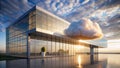Modern architecture and cloud computing synergy a futuristic office building at sunset. Generative AI Royalty Free Stock Photo
