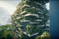 Modern architecture, covered with moss and plants. Generative ai