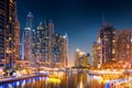 modern architecture of Dubai marina at night. Unites Arab Emirates