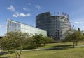 modern architecture of european union parliament with flags of members in france Strasbourg Royalty Free Stock Photo