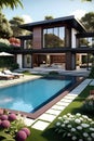 A modern architecture on a fairly large plot, a swimming pool in the middle with flower,brown and black beams colors, residence