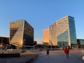 Modern architecture in financial district Kirchberg at sunset. Luxembourg.