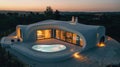 Modern architecture house with organic shapes and integrated swimming pool at dusk Royalty Free Stock Photo