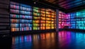 Modern architecture inside a futuristic library, vibrant colors illuminate shelves generated by AI