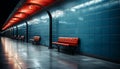 Modern architecture inside subway station, blue glass reflects city life generated by AI