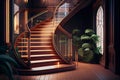 Modern architecture interior with elegant wooden stairs and glass balustrade Royalty Free Stock Photo