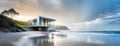 Modern Architecture Mastery by the Ocean. A stunning modern house with large glass windows stands on the cliffside Royalty Free Stock Photo