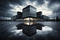 Modern architecture of office building made of steel-colored glass against cloudy sky with clouds. Dusk, early evening Royalty Free Stock Photo