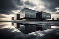 Modern architecture of office building made of steel-colored glass against cloudy sky with clouds. Dusk, early evening, puddles