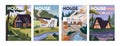 Modern architecture poster set. Contemporary lodge on river shore. A frame house on evening mountain landscape. Cottage