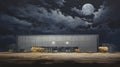 Modern architecture of rectangular steel hangar warehouse building against background of night sky with clouds. Twilight, night