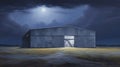 Modern architecture of rectangular steel hangar warehouse building against background of night sky with clouds.