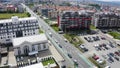 Aerial day shot above Buna Ziua district in Cluj, Romania. Traffic and buildings