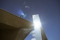 Modern architecture in Rotterdam. View of the roof of the Central Rotterdam Station. Summer blue sky and sun light reflection.