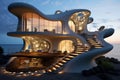 Modern architecture on the seashore at sunset. 3d render, A creatively designed house by the seaside!, AI Generated Royalty Free Stock Photo
