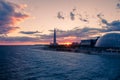 Modern architecture tower on a sunset background. St. Petersburg. Russia. radiance of lights, panorama of the city. Stadium, flyin Royalty Free Stock Photo