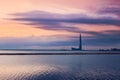 Modern architecture tower on a sunset background. St. Petersburg. Russia. radiance of lights, panorama of the city. Stadium, flyin Royalty Free Stock Photo