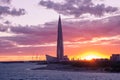 Modern architecture tower on a sunset background. St. Petersburg. Russia. radiance of lights, panorama of the city. Stadium, flyin Royalty Free Stock Photo