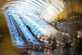 Modern architecture Tube DLR station with escalators, Multiple exposure image. London, UK