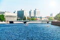 Modern architecture of Wroclaw, Poland, modern Europe, floating boats along the river, river banks in the city center