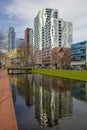 Modern architecure of city centre of Rotterdam with reflections on canal, bridge and green area in foreground