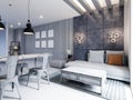 Modern area with a TV in a studio apartment with a loft style kitchen in white color. Designer dining table, modern kitchen and Royalty Free Stock Photo