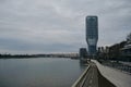 A modern area Waterfront of the city near the embankment of the Sava River. View from the ground in a snowless gray Royalty Free Stock Photo