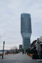 A modern area Waterfront of the city near the embankment of the Sava River. View from the ground in a snowless gray Royalty Free Stock Photo