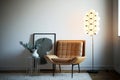 modern armchair and lamp decoration in the corner of the hall, lagom style, copy space Royalty Free Stock Photo