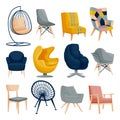 Modern armchair set. Interior furniture design elements. Home and office chair icons. Vector flat cartoon illustration Royalty Free Stock Photo