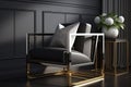 modern armchair with sleek, metallic frame and plush black or gray fabric