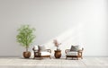 Modern armchairs and empty white pattern wall in living room. AI Generative Royalty Free Stock Photo