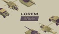 Modern army flat banner vector template. Military service poster design idea with various combat vehicles. Special