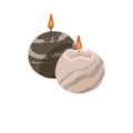 Modern aroma candle with spherical shape. Aromatic round wax with flame for interior decoration. Candlelight in home