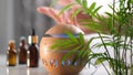 Modern aroma oil diffuser on the white table. Spa concept for body and health care. female is adding essential oil to an Royalty Free Stock Photo