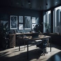 Modern Art Artistical Workspace, Office Building Interior, Dark Colors, Calm Mood, Working On Progect, Papers and Books,