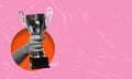 Modern art collage, champion cup on pink background with copy space